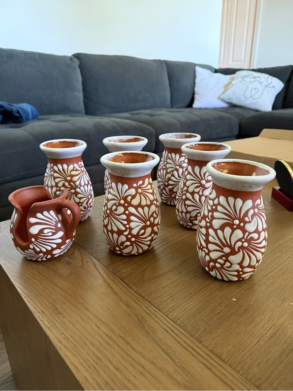 Set of 6 Hand-Painted Mexican Talavera Vases + Napkin Holder